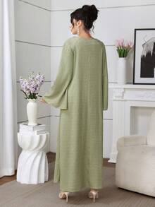 Al Najma Elegant Turkish Long Tunic Dress For Women, Round Neck, Beaded Embellishment, A-Line, Long Sleeve Kaftan Jalabiya Dress - Green - View 2