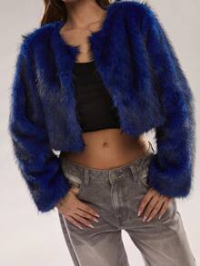 Glamine Women's Fashionable Cropped Parka Jacket For Winter Fur Jacket Blue Sweater Fur Top Blue Clothes Women Faux Fur Jacket - Royal Blue - View 4