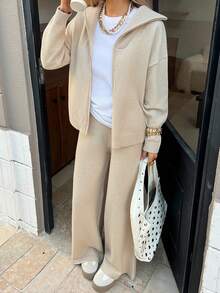 DAZY Set casual da donna composto da cardigan con chiusura lampo e spalle scoperte in colore unito e pantaloni a gamba ampia in maglia, adatto per l'autunno/inverno - Albicocca - Visualizzare 5