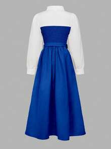 Vestido de manga larga elegante para niña preadolescente con cuello de camisa, diseño 2 en 1, perfecto para uso casual y de oficina en primavera, otoño e invierno - Azul - Ver 2