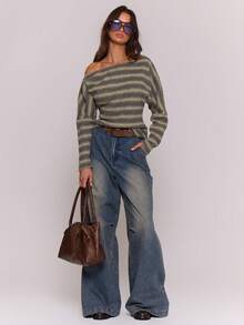 MUSERA Stripe Cinched Waist Off The Shoulder Textured Top Fall Autum Winter - Yellow - View 5