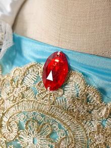 SHEIN Glamorique Kids Vestito da principessa per ragazze, vestito da principessa giallo, maniche a sbuffo, gonna ampia in tulle giallo, abito da festa di compleanno, matrimonio, occasioni formali, abito da cerimonia, fiocco, pizzo, nastro, elegante abito formale, pizzo dorato idrosolubile, mantella rossa, stile mediorientale ed europeo - Giallo - Visualizzare 6