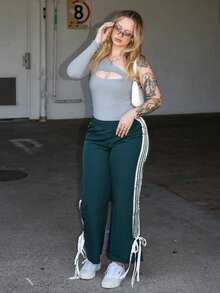 Arliah 女士松紧腰侧条纹阔腿宽松休闲裤 - 墨綠色 - 查看 1