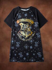 HARRY POTTER X SHEIN Vestido de dormir feminino casual com estampa total, gola redonda e mangas curtas, ideal para o verão, modelo Moo Moo Night Dress. - Azul marinho - Ver 1
