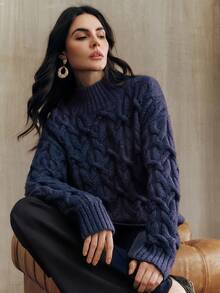 Anewsta 女士优雅宽松慵懒绞花针织毛衣，藏蓝色，适合圣诞派对和感恩节穿着 - 寶藍色 - 查看 2