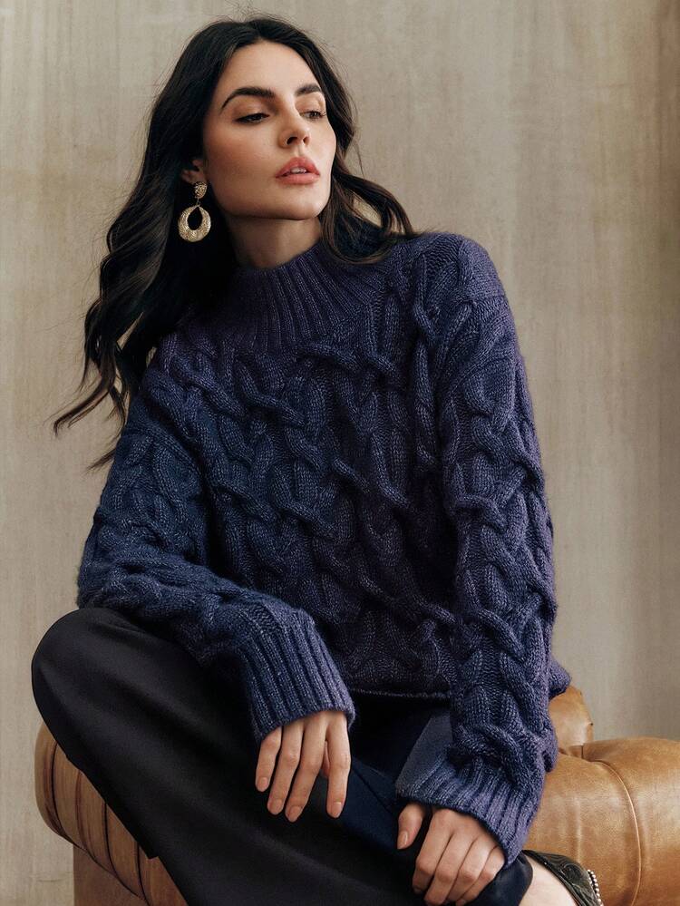 Women's Elegant Loose Slouchy Cable Knit Sweater In Navy Blue, Suitable For Christmas Party And Thanksgiving