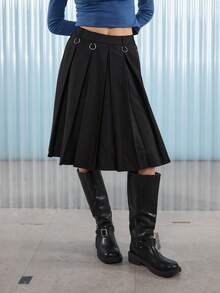 COUREZ 褶裥中长裙，饰有O形环 / Y2K 冬季女装 黑色长裙 秋季女装 外出穿搭 Emo 街头哥特风 - 黑色 - 查看 5