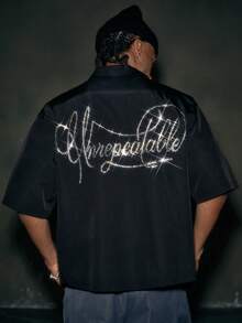 AXEPEAK Men's Loose Rhinestone Embellished Short Sleeve Shirt - Black - View 1