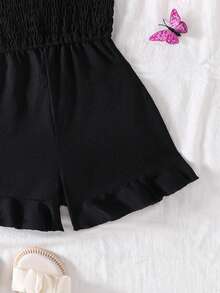 Genkimix Kids 女童连体衣，优雅休闲度假风，吊带修身蓝色梭织连体短裤，春夏款，适合户外度假 - 黑色 - 查看 5