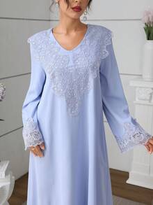 Al Najma 女款純色V領寬鬆刺繡領優雅長袖喇叭裙 - 藍色 - 查看 7