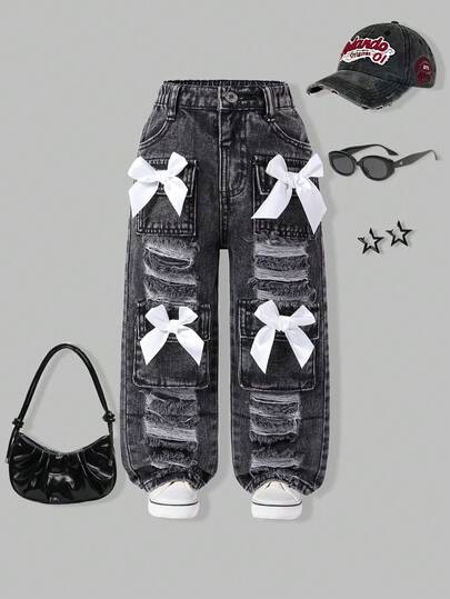 Girls Loose Straight Leg Jeans, Light Blue Distressed Casual Street Style, Adorable Oversized Bow Pockets, Multiple Ripped Details, Suitable To Pair With Short/Long Sleeve Tops, All Season