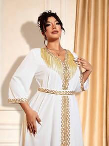 Elenzga 情人节女士加大码V领中长袖荷叶边流苏装饰独特设计优雅中长连衣裙 - 白色 - 查看 4