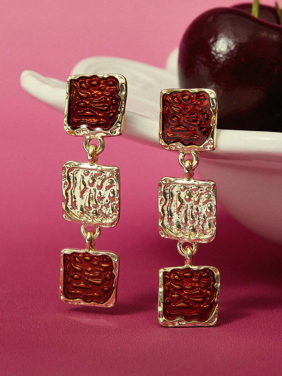 Glisma 1 paire de boucles d'oreilles carrées géométriques à la mode, de couleur or brun/caramel, boucles d'oreilles baroques carrées pendantes vintage avec un design atmosphérique - Multicolore - Voir 1