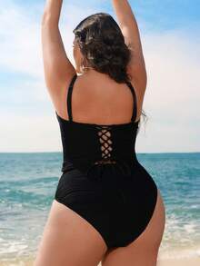 Swim Lushoire 加大码两件套黑色波浪纹理面料比基尼泳衣，饰有海星和贝壳滚边，侧边系带抹胸款式，适合夏季海滩度假 - 彩色 - 查看 2