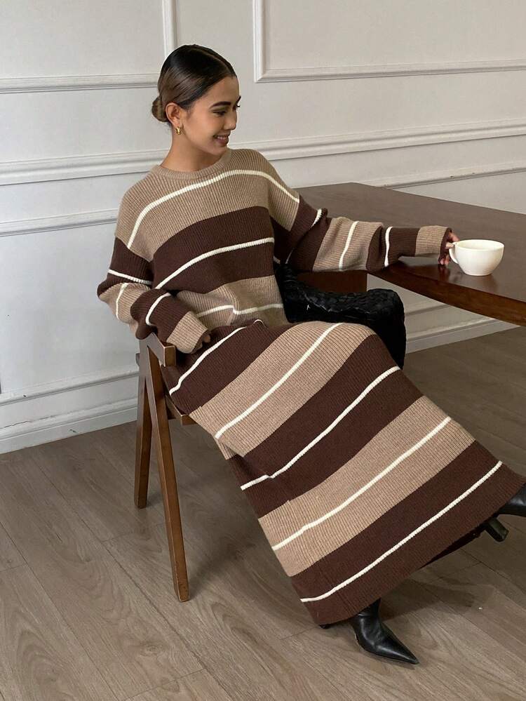 Brown Loose Casual Christmas & New Year Striped Sweater Dress For Women, Autumn/Winter
