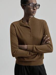 Ontre 2026 Spring/Summer New Commuter Coffee Brown Straight Collar Half-Placket Shell Button Decor Knit Rib Splice T-Shirt - Brown - View 7