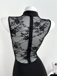 Elamini Women's Sexy And Elegant Black Sleeveless Mini Dress, Contrast Lace Open Back Cheongsam Collar, Elegant Outfit For Autumn/Winter, Versatile For Party Occasions. Suitable For Christmas Parties, New Year's Eve Parties And Valentine's Day.