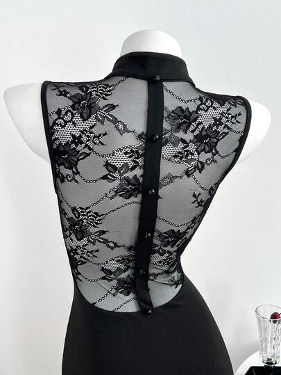 Elamini Women's Sexy And Elegant Black Sleeveless Mini Dress, Contrast Lace Open Back Cheongsam Collar, Elegant Outfit For Autumn/Winter, Versatile For Party Occasions. Suitable For Christmas Parties, New Year's Eve Parties And Valentine's Day.