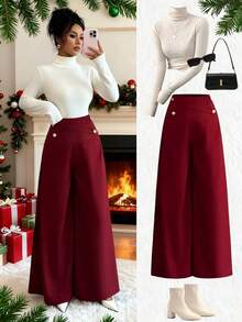 Elenzga New High Waist Wide Leg Pants With Crossover Waistband & Elegant Pearl Button Design, Versatile For Daily Wear & Commuting, Youthful & Graceful - Burgundy - View 1