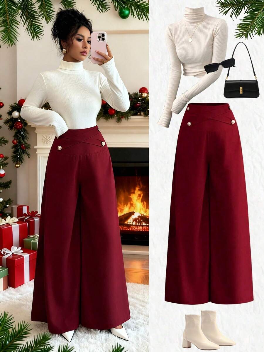 Elenzga New High Waist Wide Leg Pants With Crossover Waistband & Elegant Pearl Button Design, Versatile For Daily Wear & Commuting, Youthful & Graceful - Burgundy - View 1