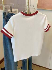 Resyla 女式T恤/樱花图案刺绣/刺绣工艺/休闲简约时尚上衣/夏季/时尚卫衣/女式宽松休闲撞色圆领T恤上衣/春夏 - 彩色 - 查看 2