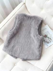 Franclia 女士复古V领短款人造毛皮背心外套，秋季 - 淺灰色 - 查看 2