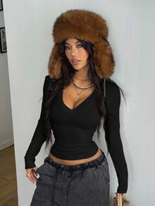 Coolane Women's Fall/Winter Streetwear Renaissance Fair Basic Rib Knit Warm/ Cold Weather/ Thermal Stretchy Black Long Sleeve V-Neck T-Shirt - Black - View 3