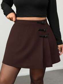 Firerie Váy ngắn chữ A xếp ly cạp cao màu đen thanh lịch tối giản thời trang đi làm hàng ngày cho phụ nữ ngoại cỡ - màu nâu - Xem 3