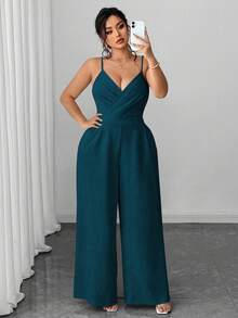 Elenzga Bộ đồ liền thân ống rộng 2 món, áo khoác blazer công sở thanh lịch tối giản dành cho nữ cỡ lớn và áo liền quần không tay thắt eo - Màu xanh ngọc - Xem 5