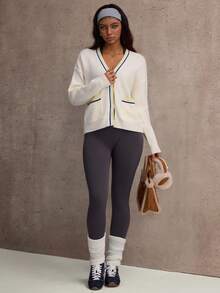 SHEIN Dewbera Contrast Trim Loose Fit V-Neck Long Sleeve Knit Sweater - White - View 5