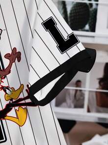 LOONEY TUNES X SHEIN 女士条纹卡通图案圆领短袖T恤 - 白色 - 查看 3