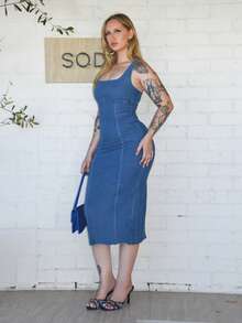 Arliah Summer Clothes /Country Concert Outfit/Country Concert/Tea Party Dress /Elegant /Concert Outfits /Casual Women Outfits/Summer Clothes /Dress Beach/Summer Clothes /Tea Party Dress /Beach Vacation Outfits/Long Sleeveless Blue Denim Dress - Blue - View 1
