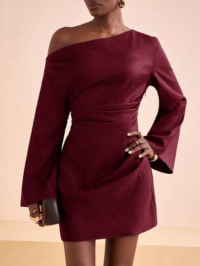 Zivah 2025 Autumn And Winter New Commuter Elegant Old Money Style Linen Texture Brown One-Shoulder Flared Long Sleeve Waist Pleated Women Mini Dress, Suitable For Travel, Shopping, Commuting, Dating, Party, Gathering, Brunch Clothing, Airport Wear, Christmas, New Year, Festival, Asymmetric, Women's Office Wear, Wedding Guest Dress