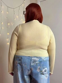 Enliva Camiseta de manga larga con un solo pecho acanalada de unicolor para mujer de talla grande - Amarillo - Ver 4