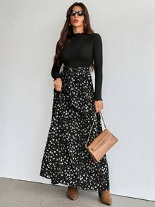SHEIN Tall Đầm dài tay cổ đứng in hoa thanh lịch dành cho nữ, đầm maxi dài tay, đầm dài thường ngày, đầm maxi in họa tiết động vật, đầm maxi kín đáo, đầm maxi đen thắt eo, quần áo mùa thu cho nữ, đầm mùa thu cho nữ, đầm cho nữ, đầm thanh lịch cho nữ, đầm thanh lịch cho nữ, đầm dài in hoa thanh lịch, đầm dài tay thanh lịch - màu đen - Xem 6