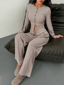 SHEIN PETITE 2pcs Women Casual Striped Front Button Long Sleeve Top And Wide Leg Pants Set, Spring And Summer 2 Piece Casual Sets Woman Comfortable Two Piece Set - Multicolor - View 8