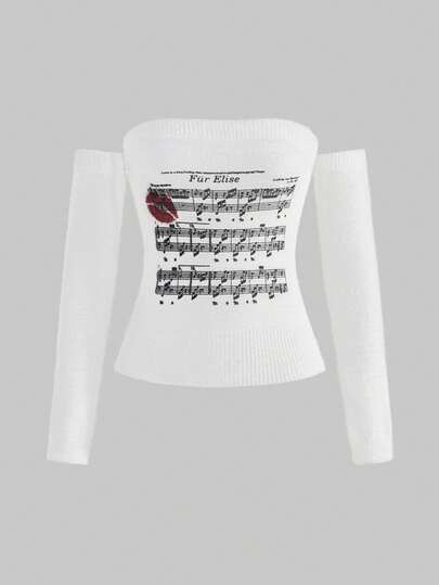J-Fashion Pull pour femmes épaules dénudées avec lèvres rouges kawaii et notes de musique