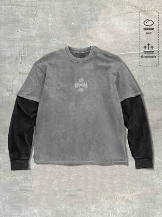 Street Life Maglietta casual da uomo con colori a contrasto e patchwork, autunnale