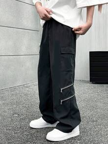 Mirajuku Casual Zipper Decor Cargo Pocket Loose Fit Wide Leg Pants For Teen Boys, Black, High-End Versatile Style, Comfortable & Practical For Autumn, Spring, Summer, Suitable For Daily Wear, Commuting, Outdoor Activities, Sports, School, Streetwear, Parties