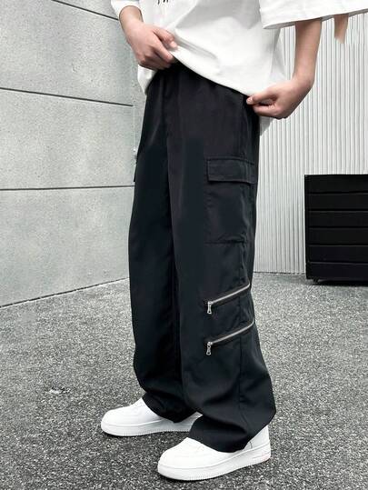 Casual Zipper Decor Cargo Pocket Loose Fit Wide Leg Pants For Teen Boys, Black, High-End Versatile Style, Comfortable & Practical For Autumn, Spring, Summer, Suitable For Daily Wear, Commuting, Outdoor Activities, Sports, School, Streetwear, Parties