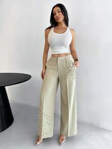 Shopreo Modern Fashion Pearl Embellished Pocketed Women's Elegant Press Crease Pants - Cream - View 1