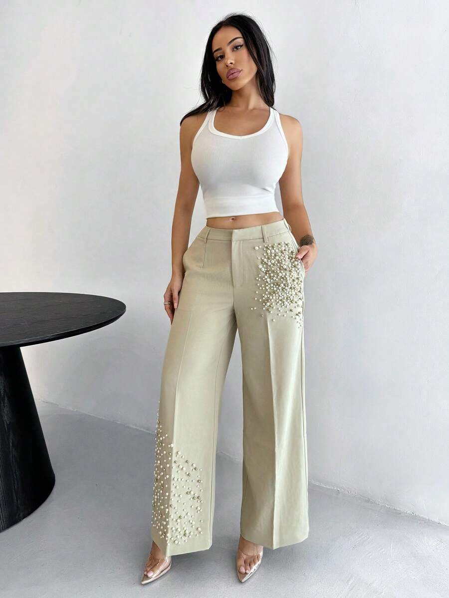 Shopreo Modern Fashion Pearl Embellished Pocketed Women's Elegant Press Crease Pants - Cream - View 1
