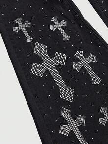 ROMWE Plus Size Gothic Cross Rhinestone Distressed Flare Jeans - Black - View 2