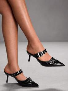 CUCCOO SZL Women's Pointed Toe Stiletto Heel Backless Pumps With Metal Buckle Decor Valentine's Day - Black - View 4