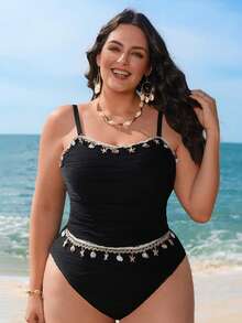 Swim Lushoire 加大码两件套黑色波浪纹理面料比基尼泳衣，饰有海星和贝壳滚边，侧边系带抹胸款式，适合夏季海滩度假 - 彩色 - 查看 3