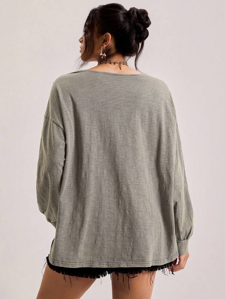 Freevana プラスサイズ レディース カジュアル デイリー通勤ファッション ストリート ピースサイン プリント ドロップショルダー ルーズ ボタン 長袖トップス、春秋 - オリーブグリーン - 見る 6