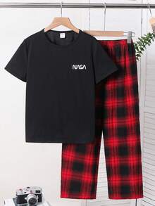 SHEIN 4件套儿童/青少年男童休闲日常舒适印花圆领宽松套头短袖针织上衣和格子直筒裤睡衣两件套 - 彩色 - 查看 4