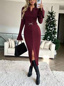 Easowa Sukienka damska w jednolitym kolorze z prążkowanym pasem - Burgund - Zobacz 1