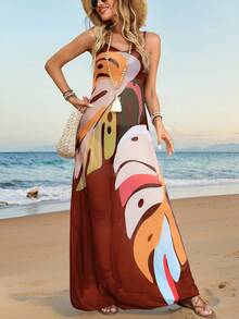 Swim Vcay Summer Outfits For Women Summer Women's Tropical Plant Print Beach Cover-Up With Adjustable Straps - Rust Brown - View 3