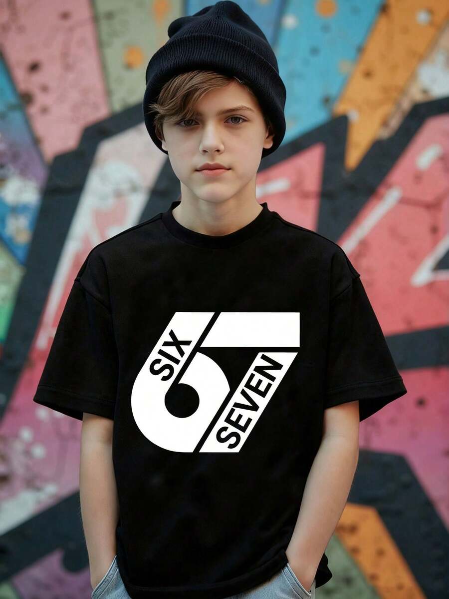 青少年男童休闲简约“67”数字图案短袖圆领T恤,街头风,舒适休闲,适合外出和运动穿着 - 黑色 - 查看 1